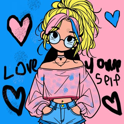 girl with a messy ponytail glasses a baggy crop top and jean shorts
