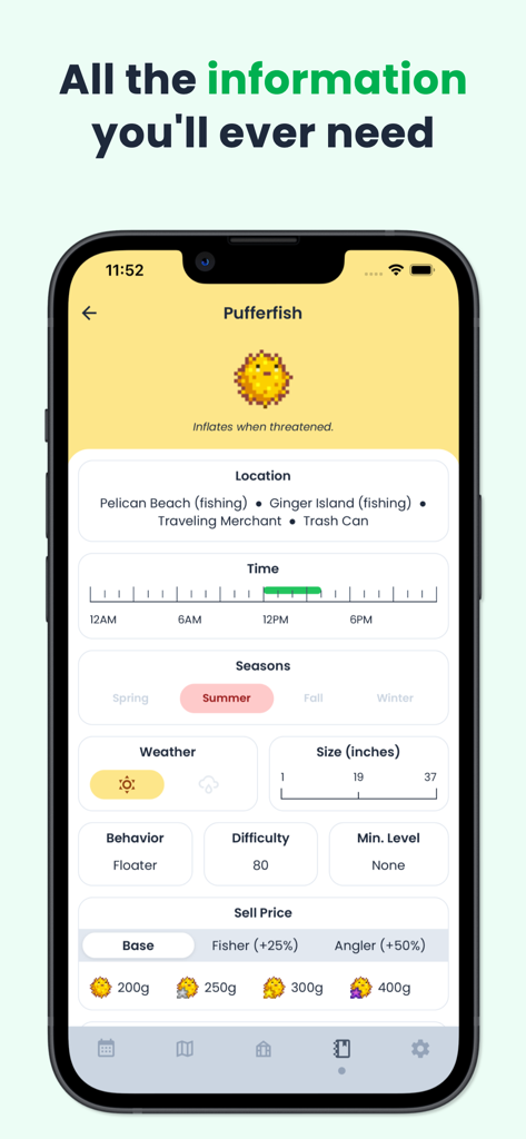 Stardew Valley Tracker - Stardew Valley Tracker app showing pufferfish information including location time and sell price