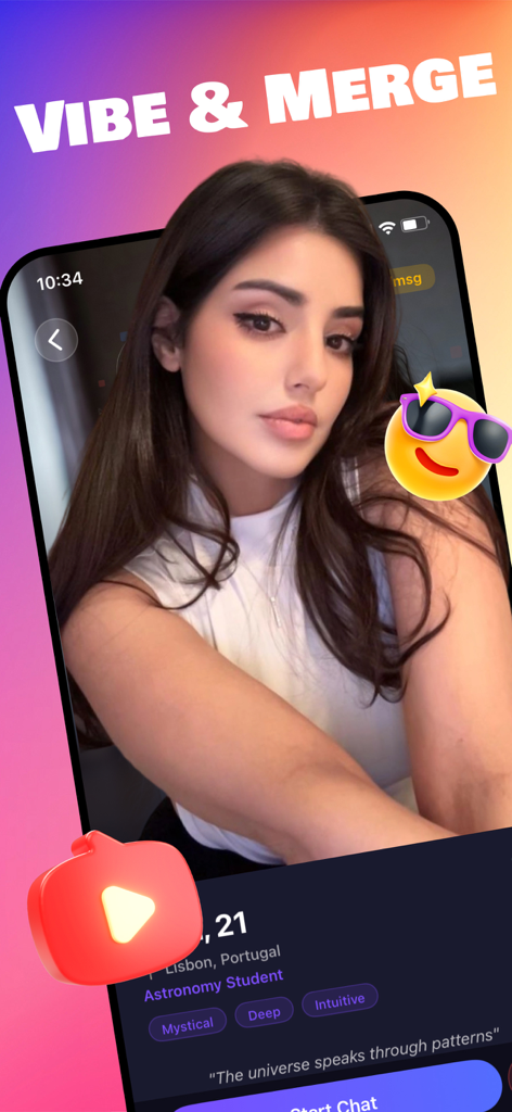 Cubely - Cubely app screenshot showing a 21 year old AI astronomy student character from Lisbon with personality tags and a chat interface.