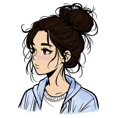 realistic teenage girl with a messy bun