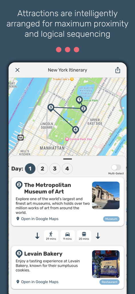 NewTrip - NewTrip app displaying a New York City itinerary map with AI-optimized attraction sequencing