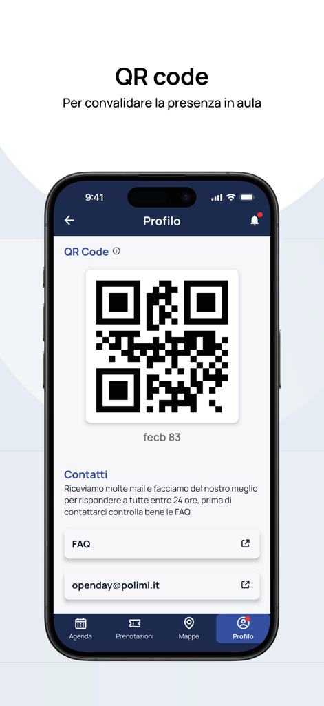 Profile section of the Open Day Polimi app featuring a personal QR code for class attendance validation