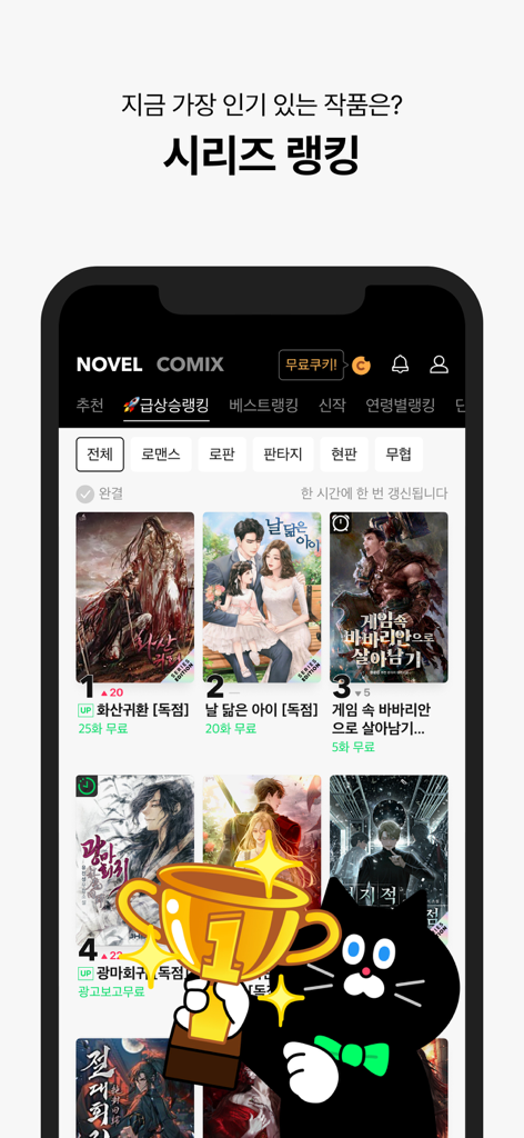 SERIES - 네이버 시리즈 - Ranking page of the Naver Series app showing top web novels and comics with a cartoon cat mascot.