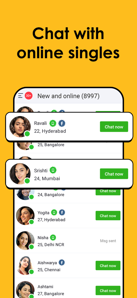 A list of online user profiles on the QuackQuack dating app interface with chat buttons