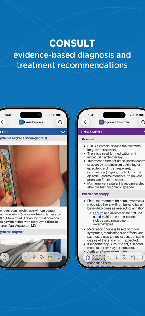 Johns Hopkins Antibiotic Guide - Mobile app screens showing clinical diagnosis for Lyme disease and treatment recommendations for Bipolar II disorder