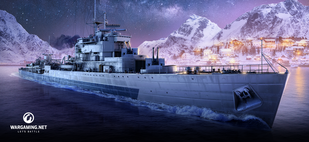 A detailed 3D naval ship sailing through icy waters at night with snowy mountains and a starry sky