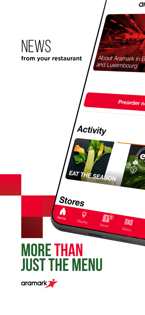 My Aramark - Interface of the My Aramark app featuring workplace restaurant news and meal activities.
