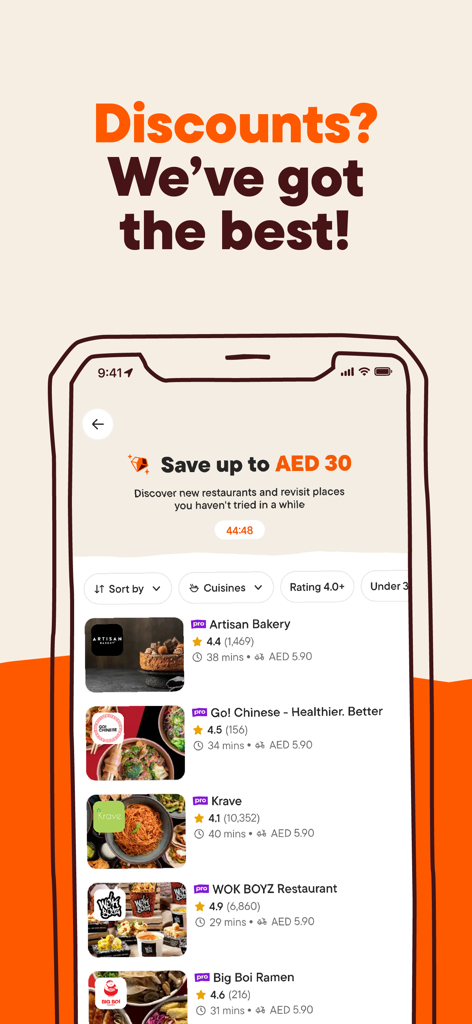 talabat: Food, grocery & more - Talabat app screen showing restaurant listings and discount offers