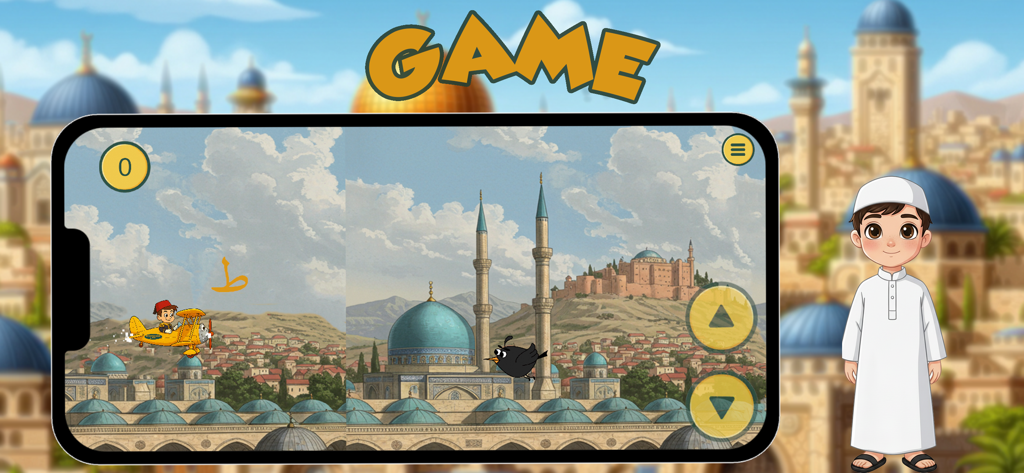 A child playing an educational flying game to learn Arabic letters in the Elif Ba Ta app.