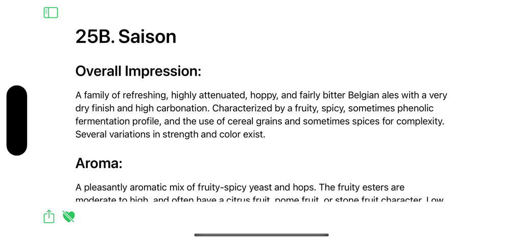 Technical description of the Saison beer style including overall impression and aroma sections in the Beer Style Guidelines app.