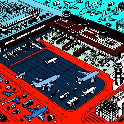 detailed airport scene showing planes terminals and runways