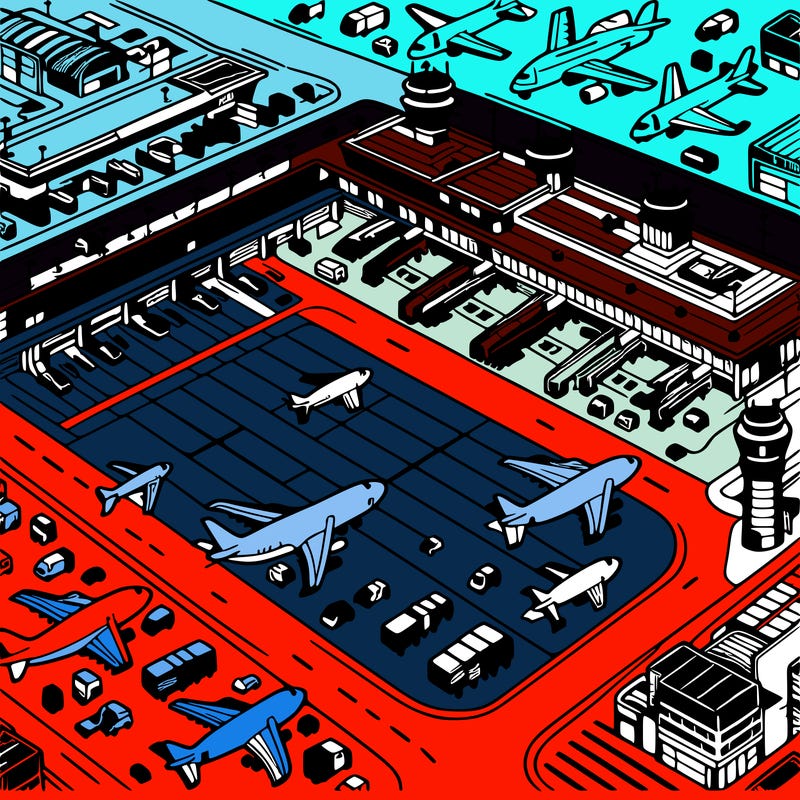 detailed airport scene showing planes terminals and runways