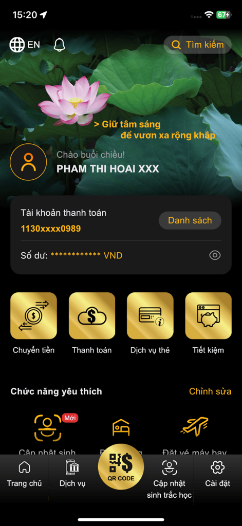 BAC A BANK Mobile Banking - Home dashboard of BAC A BANK Mobile Banking app in Vietnamese featuring account overview and quick service icons
