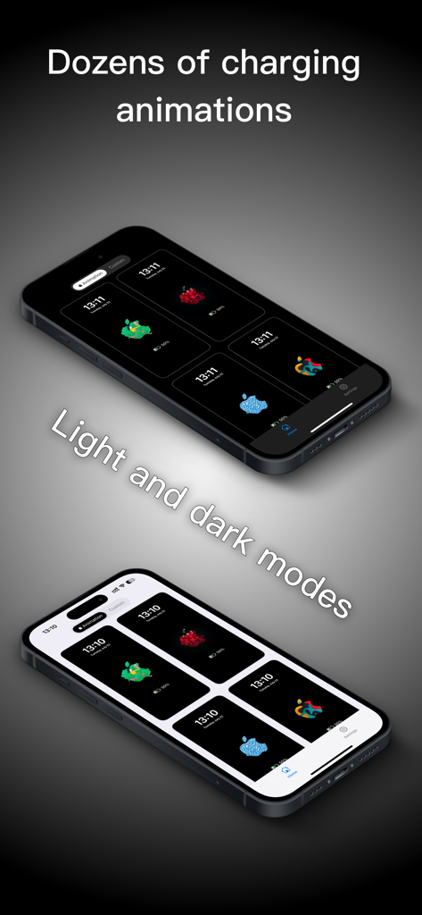 Charging Animation Lite - Interface do aplicativo Charging Animation Lite mostrando várias animações de carregamento em telas de iPhone com opções de modo claro e escuro
