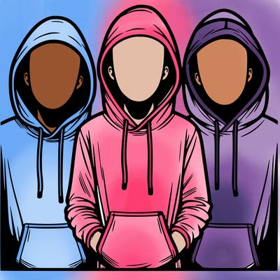 3 faceless people in  hoodies