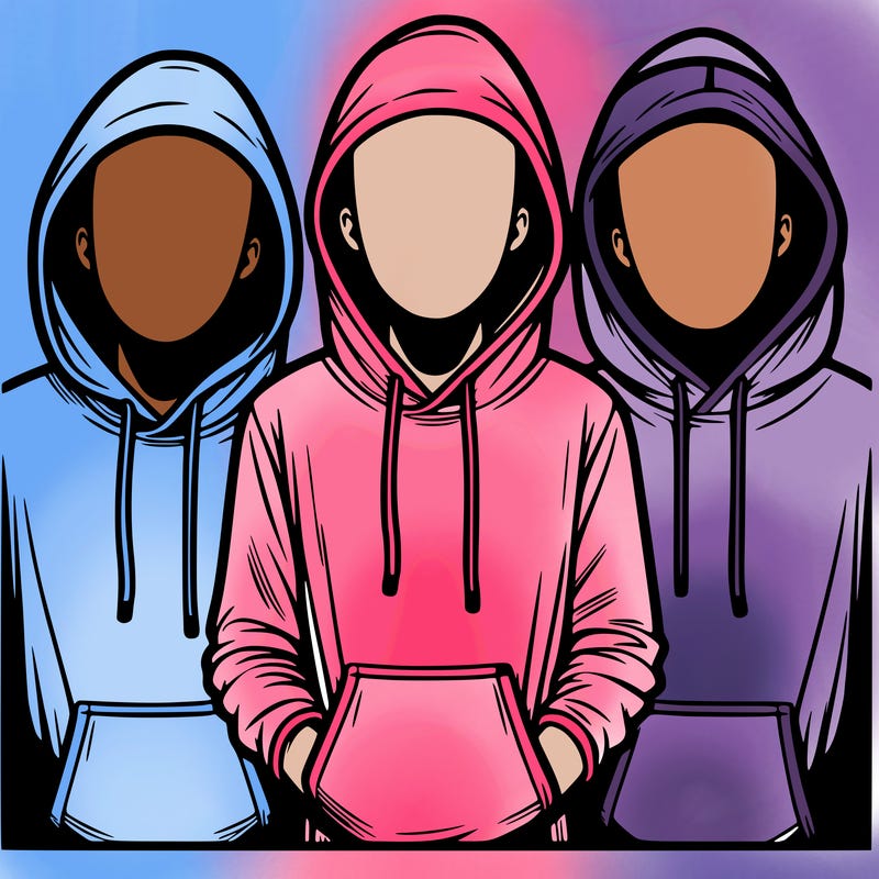 3 faceless people in  hoodies