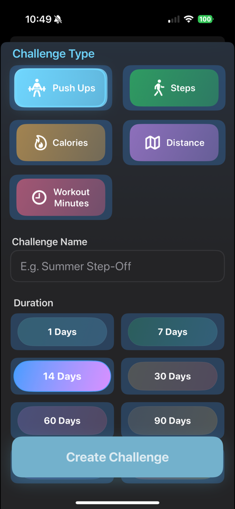 NextRep Challenge - Interface for creating a custom fitness challenge with options for activity type and duration.