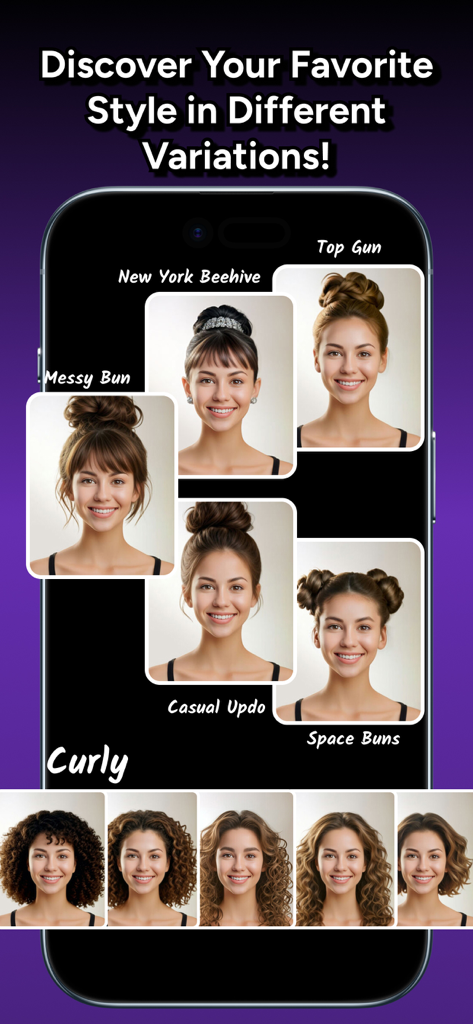 HairLab: AI Hair Try On - Tela do aplicativo HairLab mostrando vários estilos de cabelo com IA, como coque bagunçado e coques espaciais em uma foto de mulher