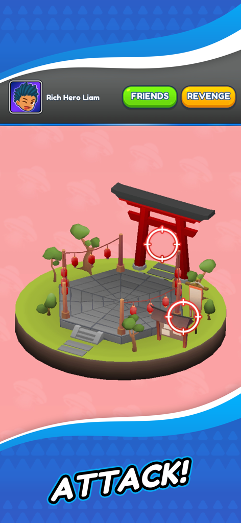 Rich Hero Go - Rich Hero Go mobile game interface showing a Japanese themed island with a torii gate and an attack prompt