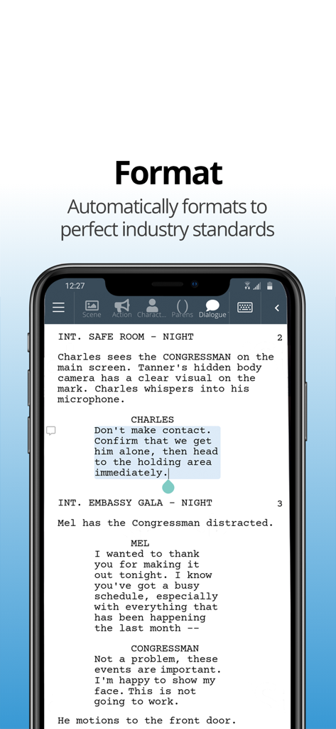 Screenshot of WriterDuet mobile app showing a script with automatic industry standard formatting