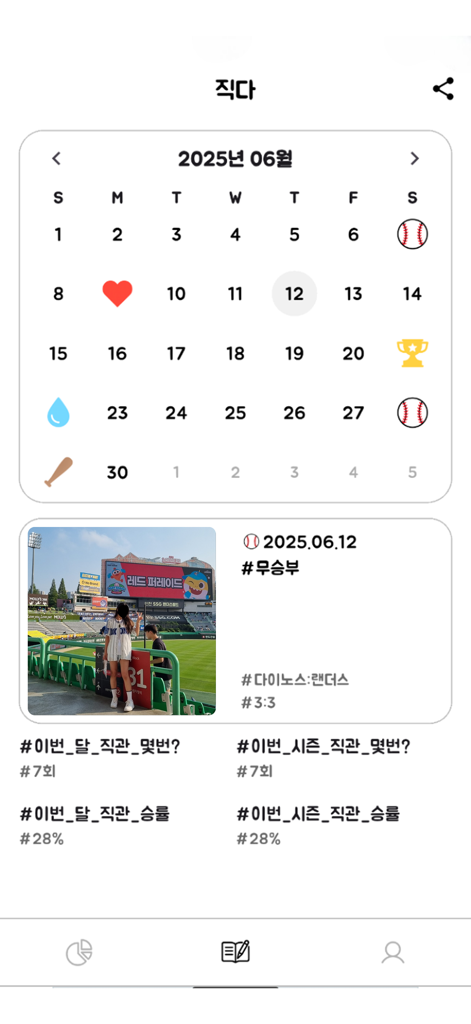 직다 - 야구팬 필수앱, 직관 다이어리 - 모바일 앱 인터페이스는 개인 승률 통계와 경기장 사진과 함께 야구 경기 참석을 추적하기 위한 월간 캘린더를 보여줍니다.