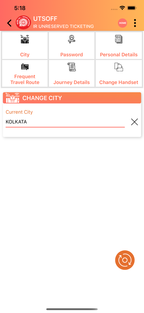 UTS - UTS app profile menu showing change city option with Kolkata selected