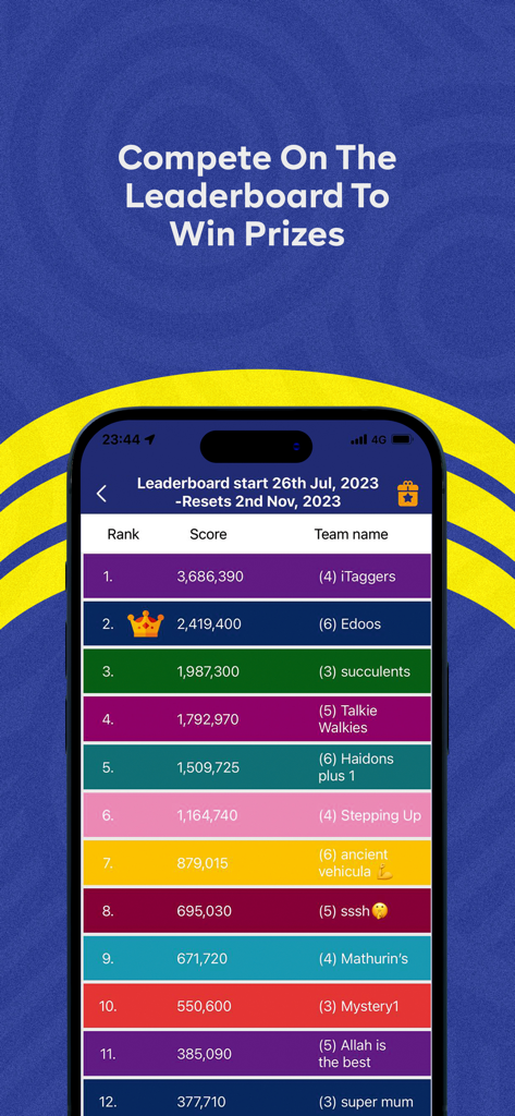 Street Tag - Street Tag app leaderboard showing team rankings and scores to win prizes
