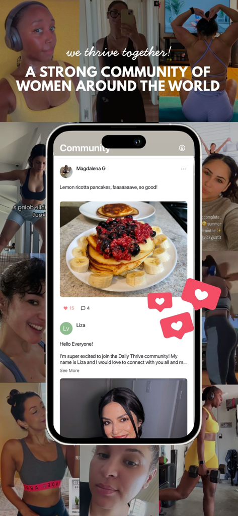Feed de la comunidad de la aplicación Daily Thrive mostrando una foto de panqueques saludables y mujeres compartiendo su viaje de fitness.