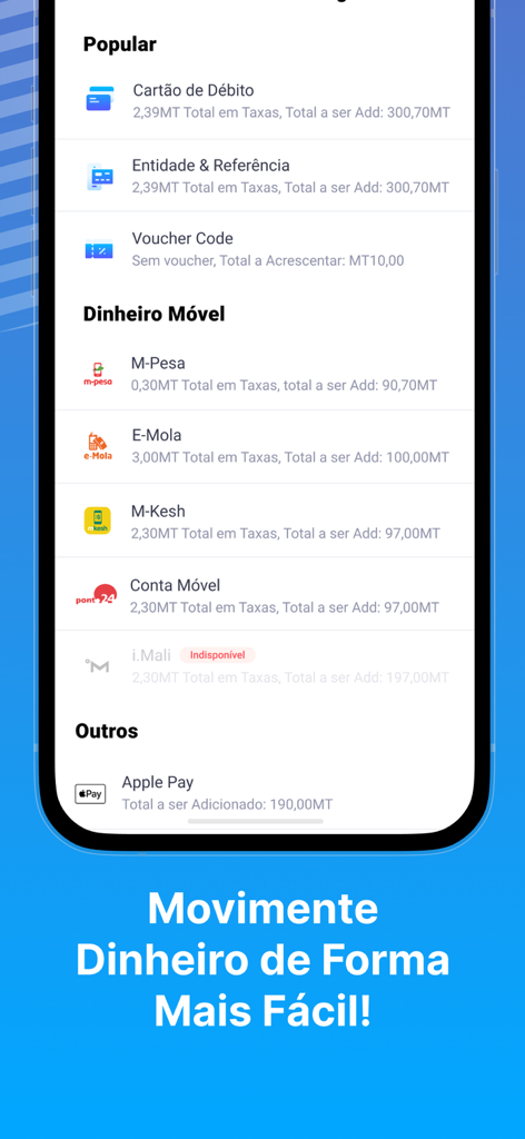 Interfaz de la aplicación móvil que muestra varios métodos de pago y depósito, incluidas tarjetas de débito y servicios de dinero móvil como M-Pesa.