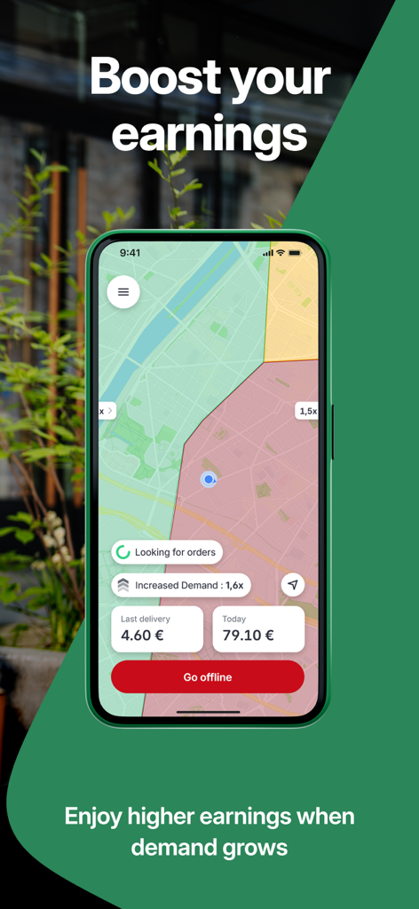 Bolt Food Courier - Bolt Food Courierアプリのインターフェース。高需要の配達地図と毎日の収入トラッカーを表示しています
