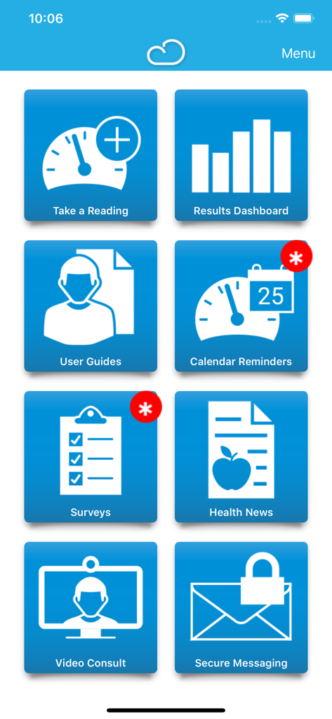 Connected Health - Main menu of the Connected Health app showing buttons for vitals readings results dashboard and secure patient messaging.