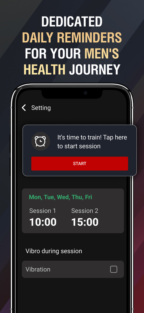 KegelUp: Men's Health App - Daily reminder settings on a smartphone screen for the KegelUp men's health app