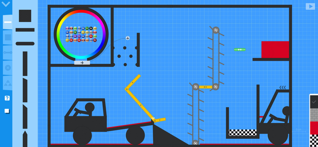 Interfaz de plano digital para diseñar pistas de carreras de canicas con piezas mecánicas y siluetas de vehículos.