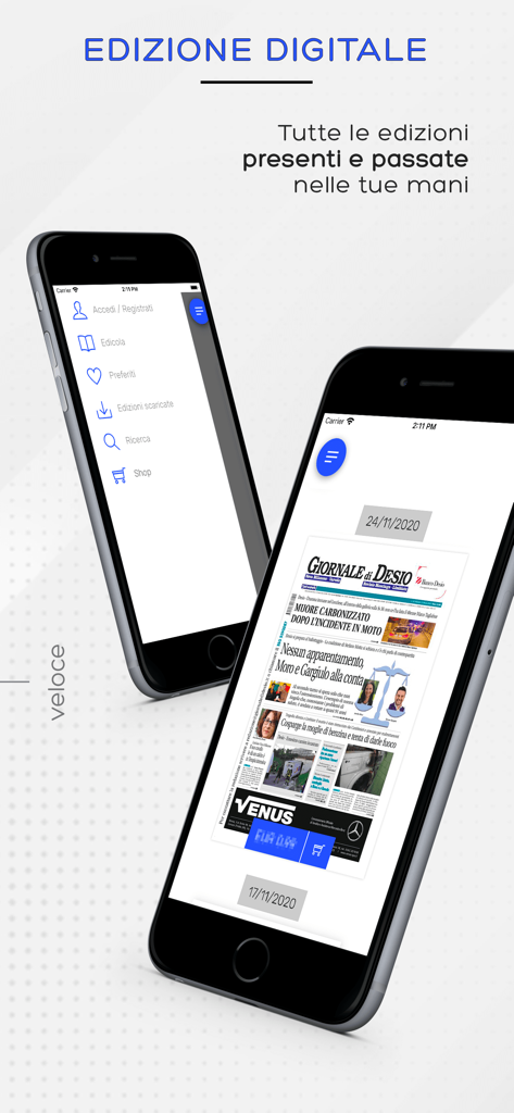 Il Giornale di Desio - App mobile Il Giornale di Desio che mostra l'edizione digitale e il menu principale
