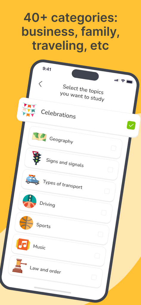 AI French Minute - AI French Minute app screen showing a selection of learning categories including celebrations geography and sports