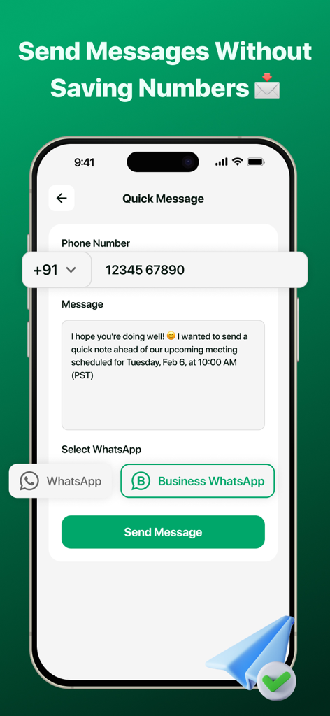 WAM - Recover Deleted Messages - Interface of WAM app showing the feature to send messages to unsaved phone numbers on WhatsApp