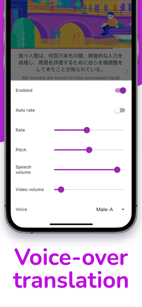 Lingvotube: Video translator - Interface of Lingvotube app showing voiceover translation customization settings including speech rate pitch and volume sliders