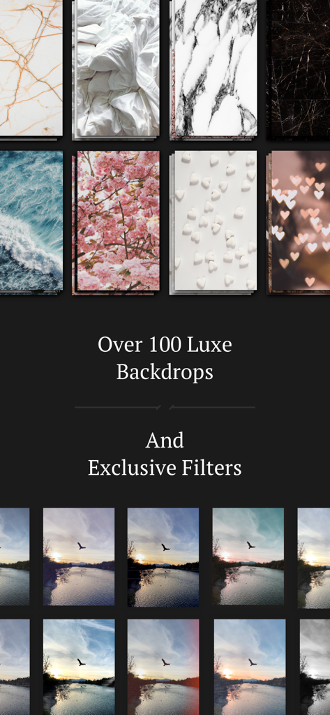 Storyluxe: Templates & Filters - Visualización de varios fondos estéticos como patrones de mármol y florales junto con filtros de fotos exclusivos en la aplicación Storyluxe