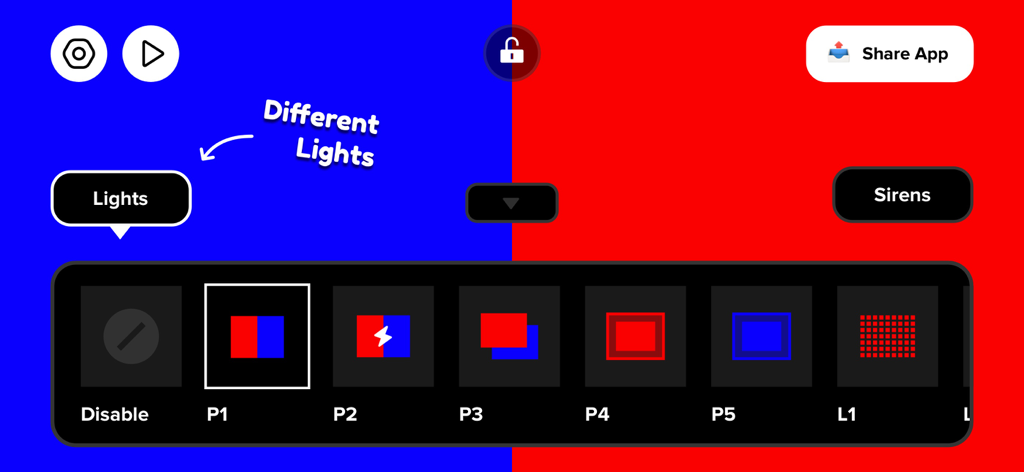 Police Lights & Police Siren - Interface of the police lights and siren app showing various flashing light pattern options