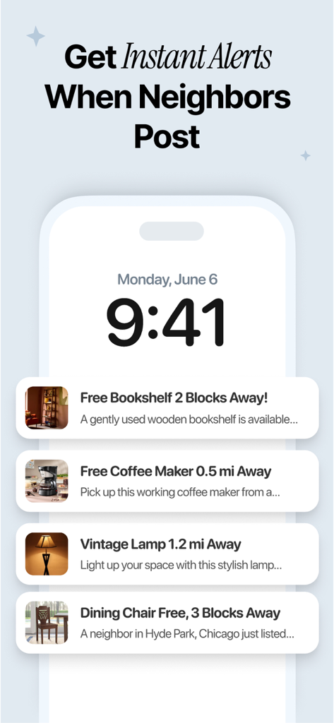 Smartphone lock screen showing instant push notifications for free furniture and household items nearby.