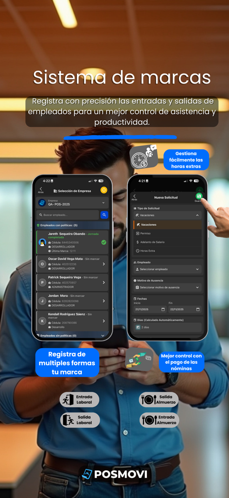 POSMOVI - POSMOVI mobile app interface for employee time tracking and attendance management