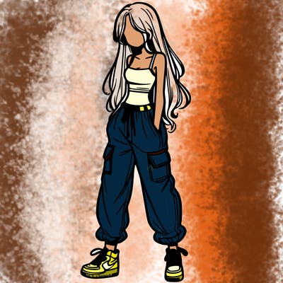 girl in baggy pants crop top and long hair