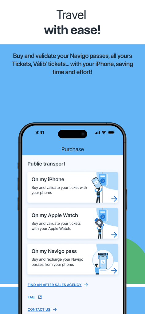 Île-de-France Mobilités - Interface of the Ile-de-France Mobilites app showing options to buy and validate transport tickets on iPhone and Apple Watch
