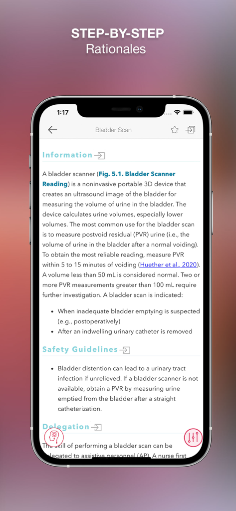 Nursing Skills & Procedures - Smartphone screen displaying clinical information and safety guidelines for a bladder scan procedure in the Nursing Skills and Procedures app.