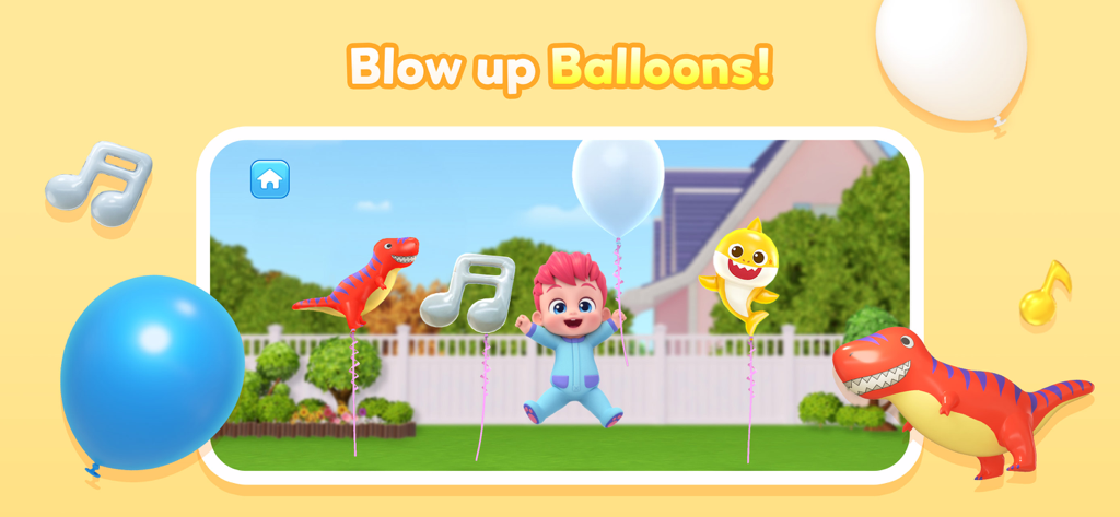 Bebefinn jugando con globos de personajes en un jardín