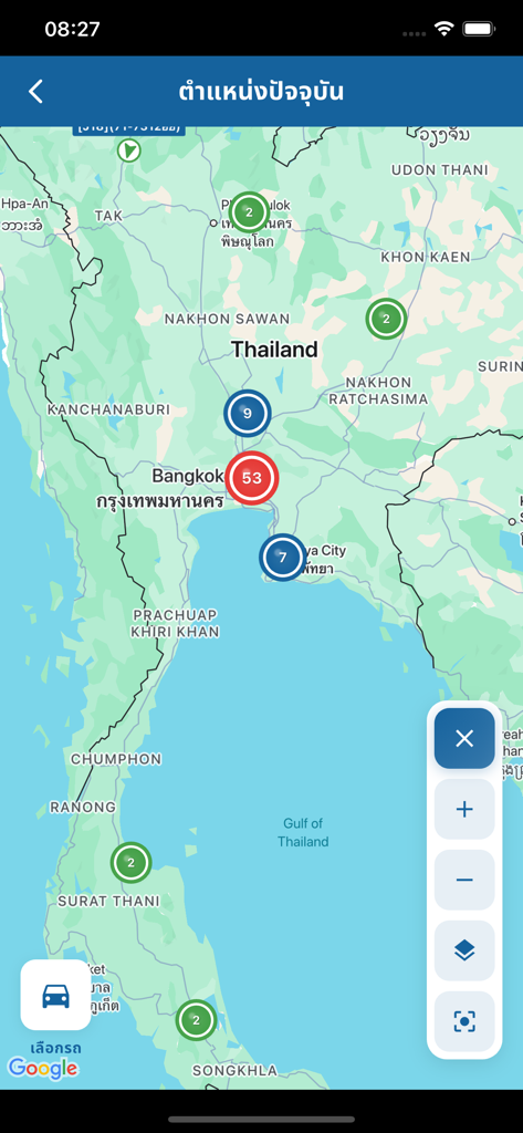 eZView+ - Echtzeit-Fahrzeug-Tracking-Kartenanzeige mit Standortclustern in ganz Thailand.