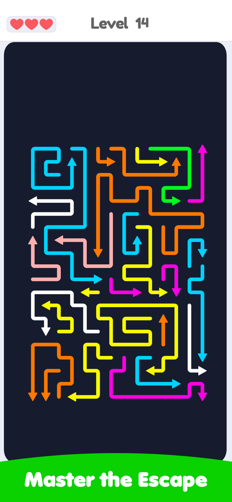 Arrows: Escape Puzzle - Nivel 14 de Arrows Escape Puzzle mostrando un colorido laberinto de flechas de neón