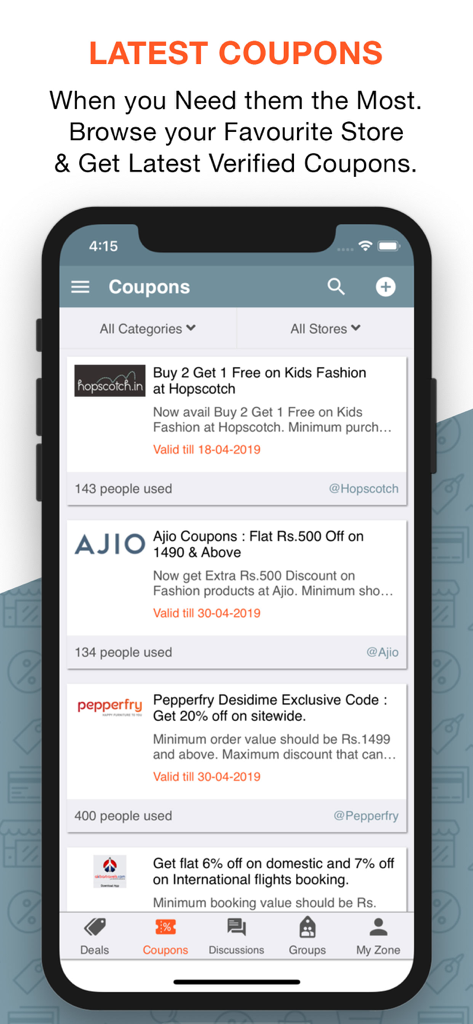 DesiDime - Shopping Community - Interface of DesiDime app showing verified coupons for Indian online stores like Ajio and Pepperfry.
