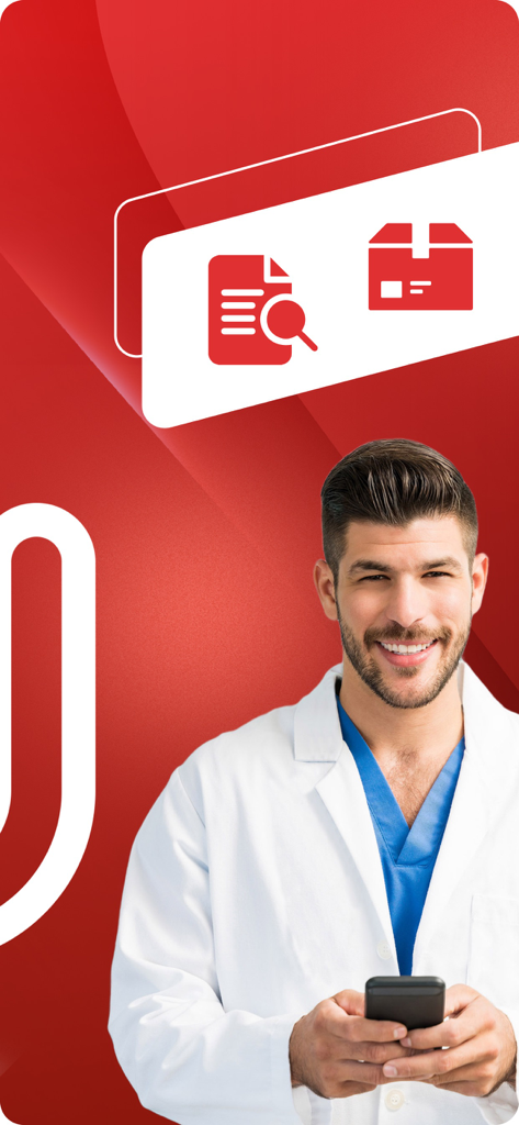 A smiling male healthcare professional in a white coat using a smartphone to order medical products on the Utilidades Clinicas app