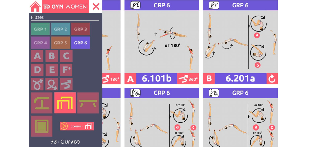 Interface of the 3D Gym Women app showing filters for gymnastics skills and 3D diagrams of uneven bars elements